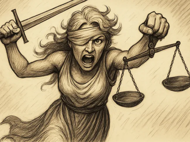 A cartoon of lady justice with her blindfold off, swinging her sword